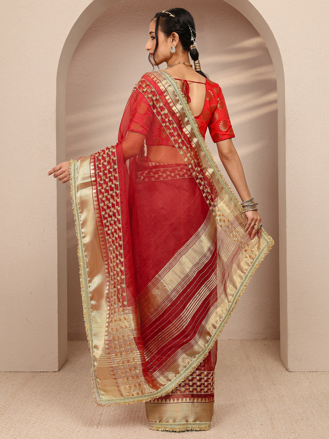 Red Woven Design Chanderi Silk Saree With Unstitched Blouse Piece