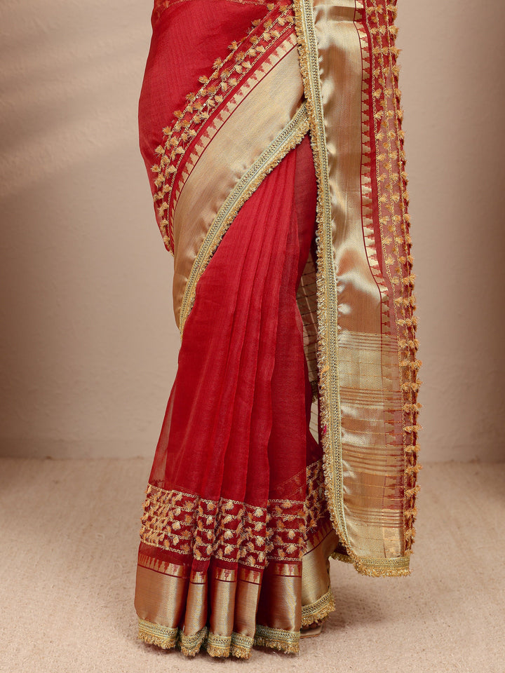 Red Woven Design Chanderi Silk Saree With Unstitched Blouse Piece