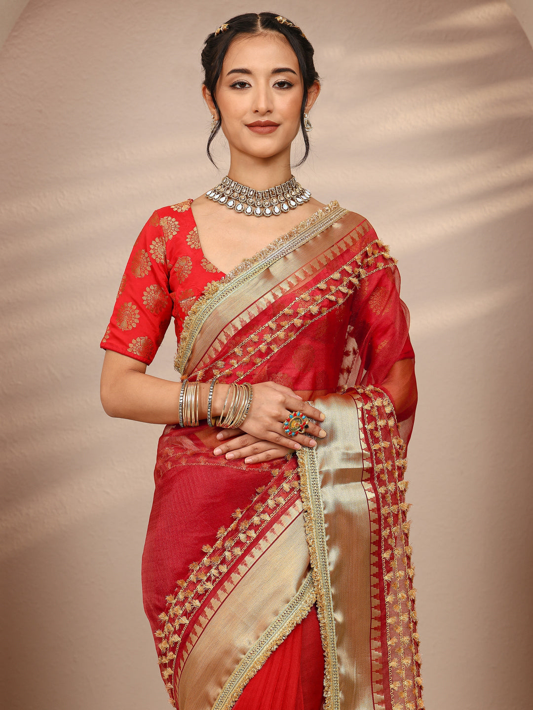 Red Woven Design Chanderi Silk Saree With Unstitched Blouse Piece