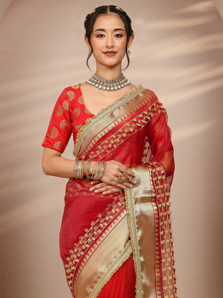 Red Woven Design Chanderi Silk Saree With Unstitched Blouse Piece