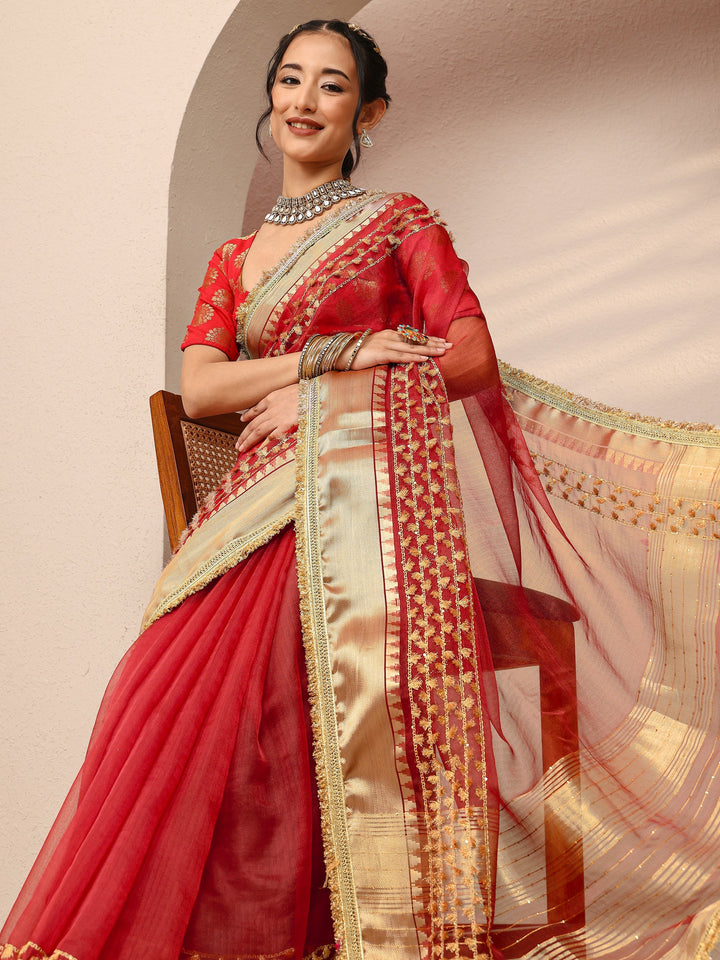 Red Woven Design Chanderi Silk Saree With Unstitched Blouse Piece