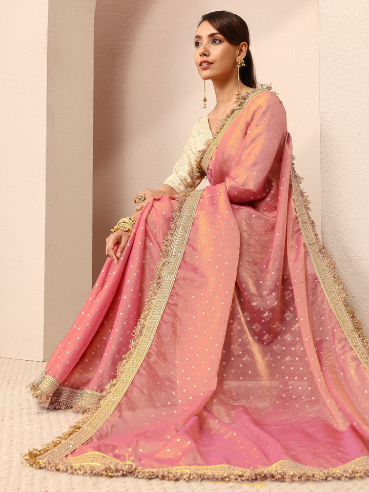 Pink Woven Design Tissue Saree
With Unstitched Blouse Piece