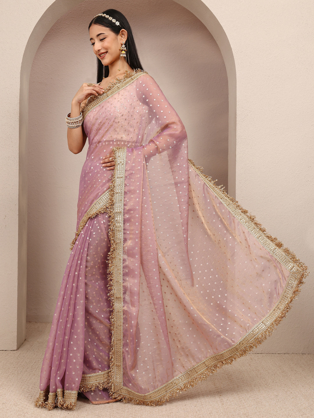 Lavender Woven Design Tissue Saree With Unstitched Blouse Piece