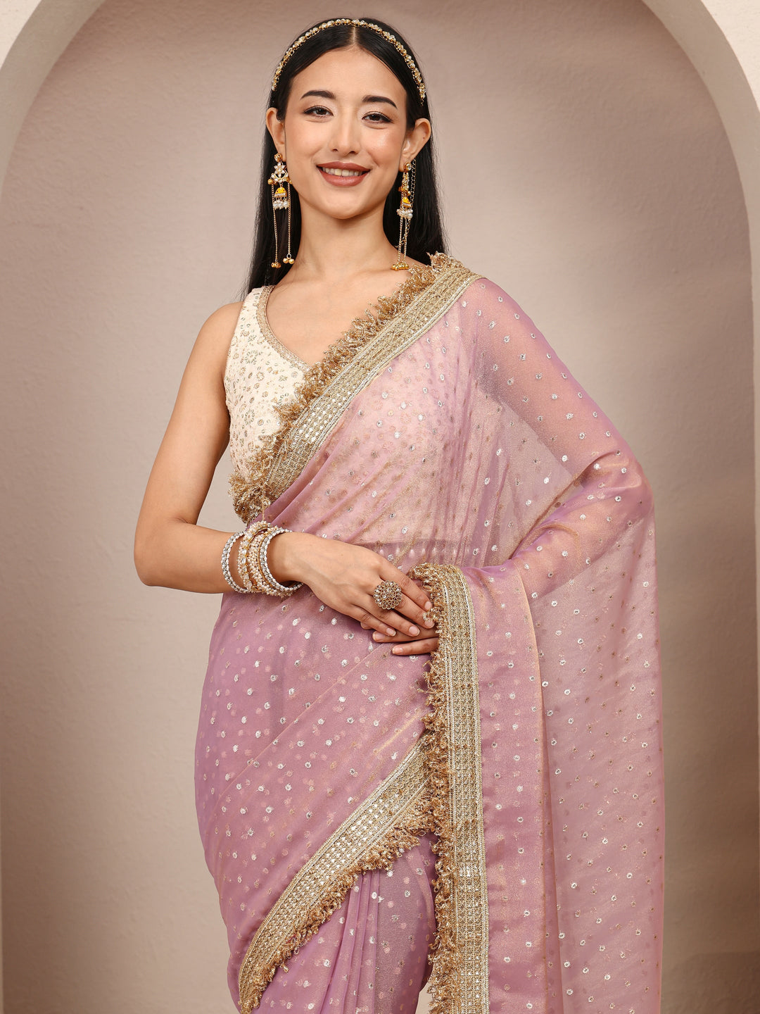 Lavender Woven Design Tissue Saree With Unstitched Blouse Piece