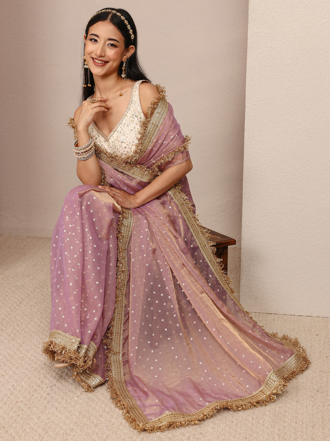 Lavender Woven Design Tissue Saree With Unstitched Blouse Piece