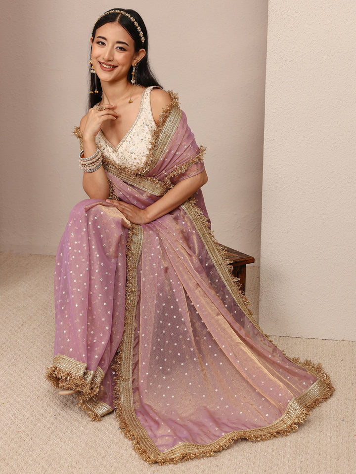 Lavender Woven Design Tissue Saree With Unstitched Blouse Piece