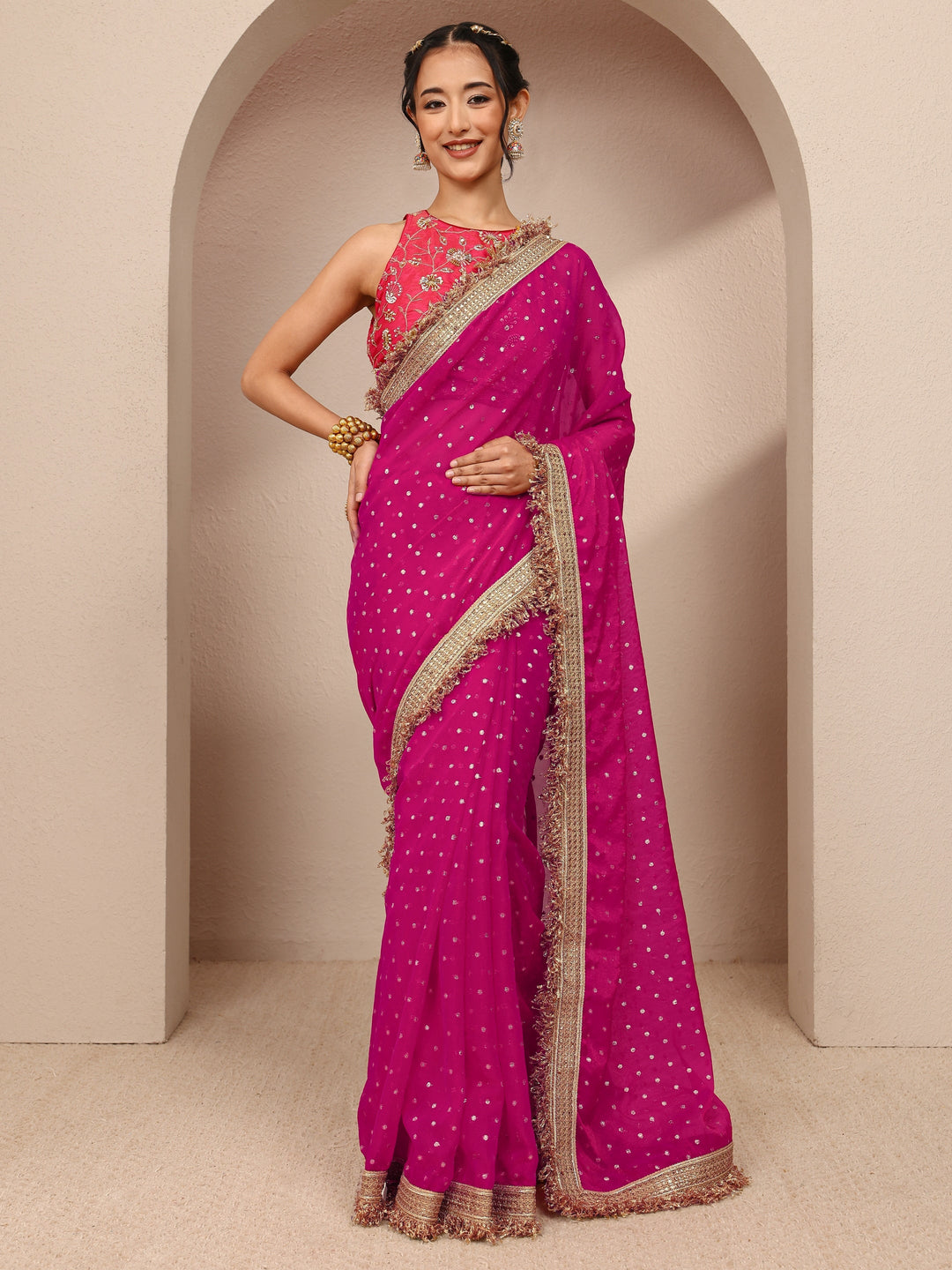 Pink Woven Design Tissue Saree With Unstitched Blouse Piece
