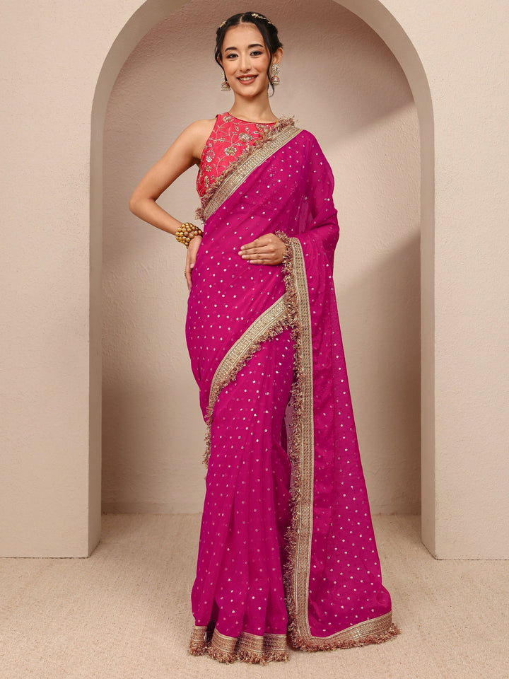 Pink Woven Design Tissue Saree With Unstitched Blouse Piece