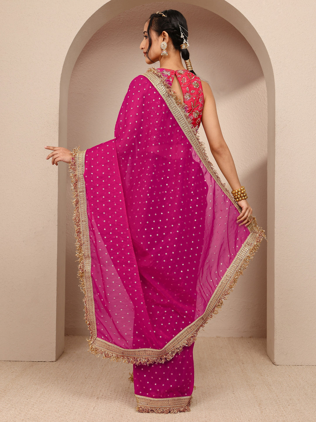 Pink Woven Design Tissue Saree With Unstitched Blouse Piece