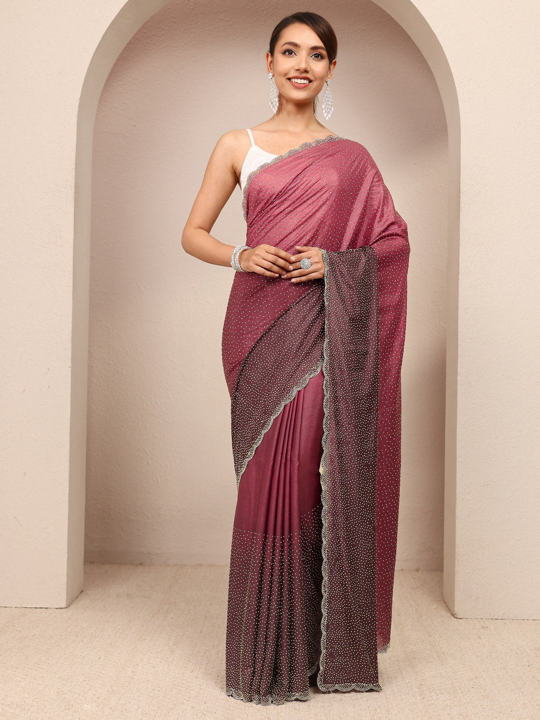 Maroon Embellished Satin Ombre Saree
With Unstitched Blouse Piece