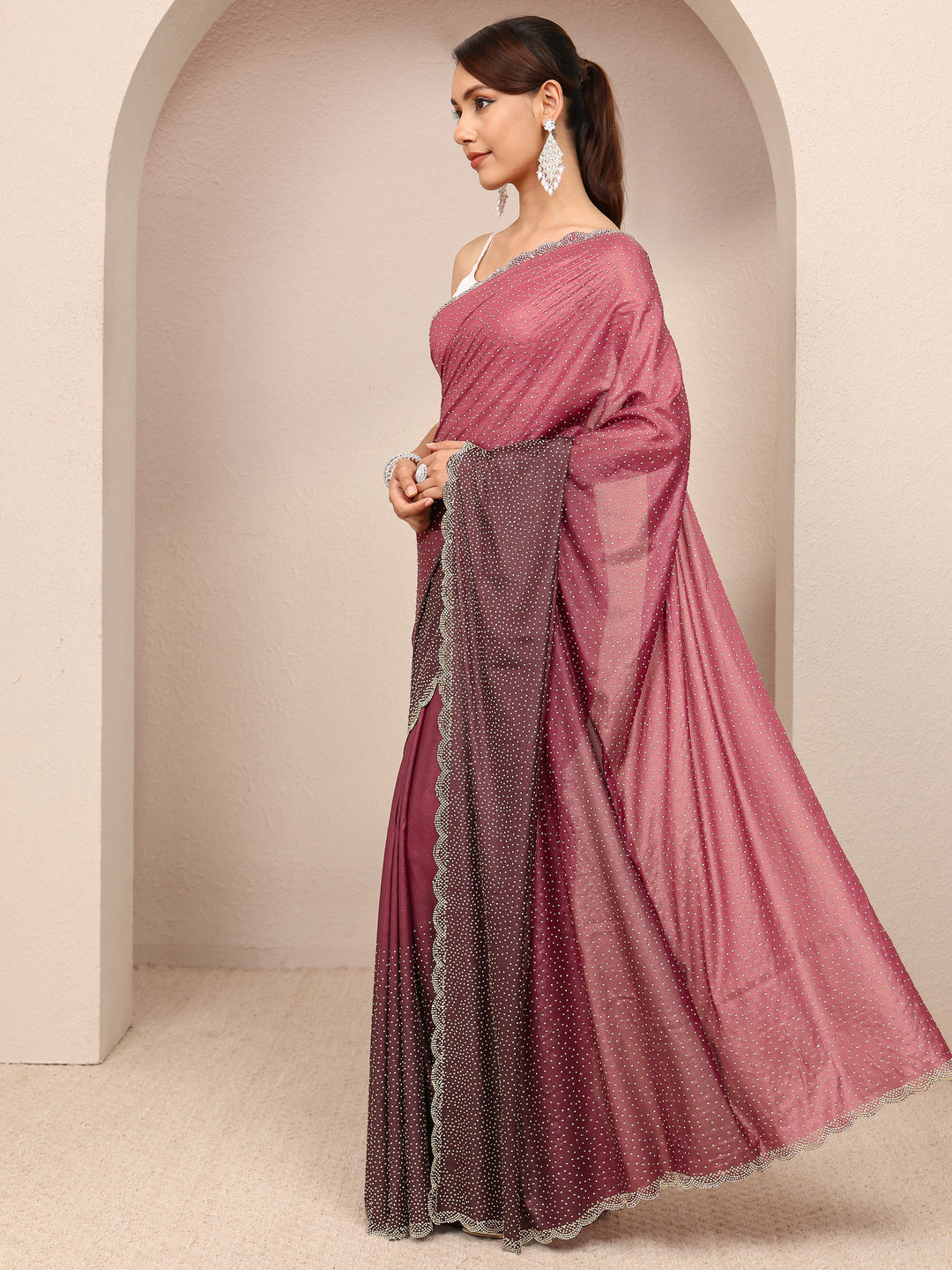 Maroon Embellished Satin Ombre Saree
With Unstitched Blouse Piece