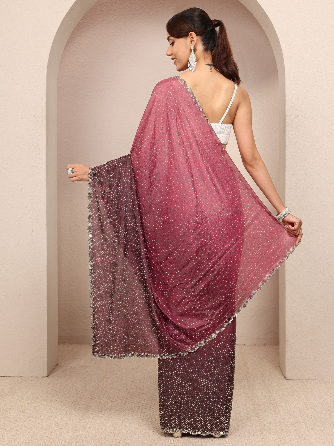 Maroon Embellished Satin Ombre Saree
With Unstitched Blouse Piece