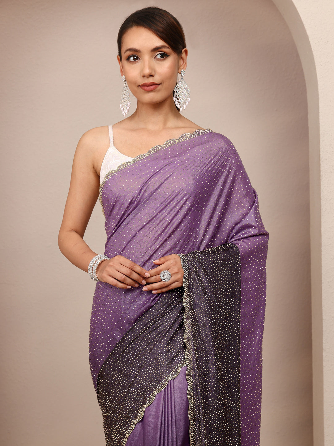 Purple Embellished Satin Ombre Saree
With Unstitched Blouse Piece