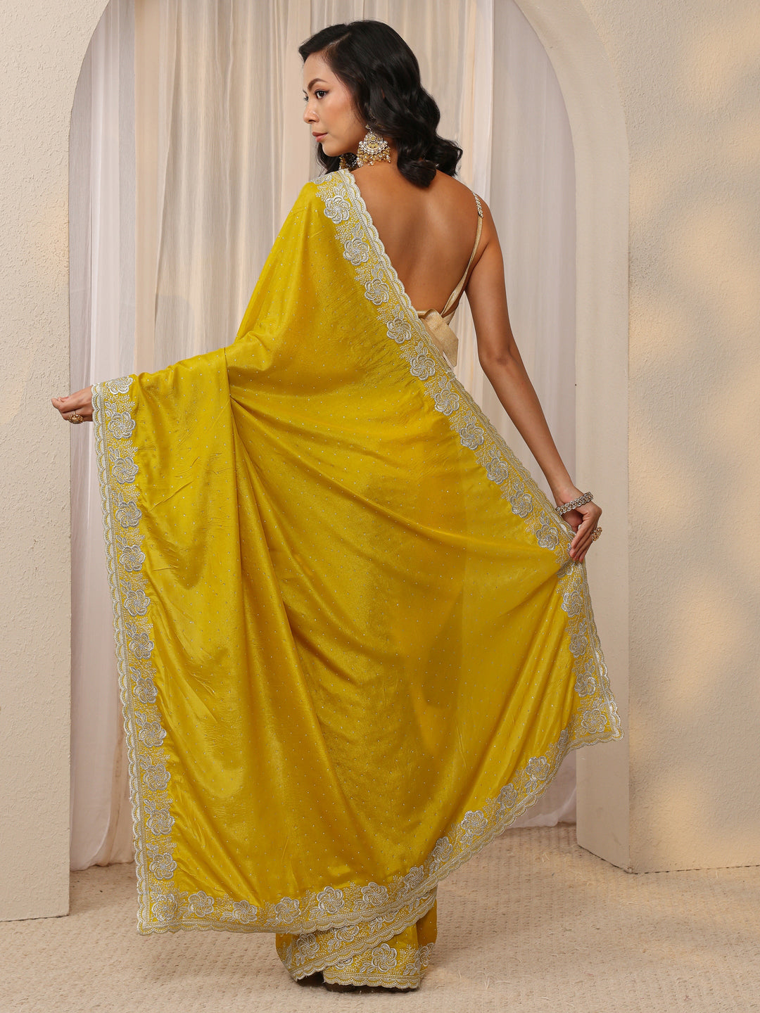Mustard Embellished Satin Saree With Unstitched Blouse Piece