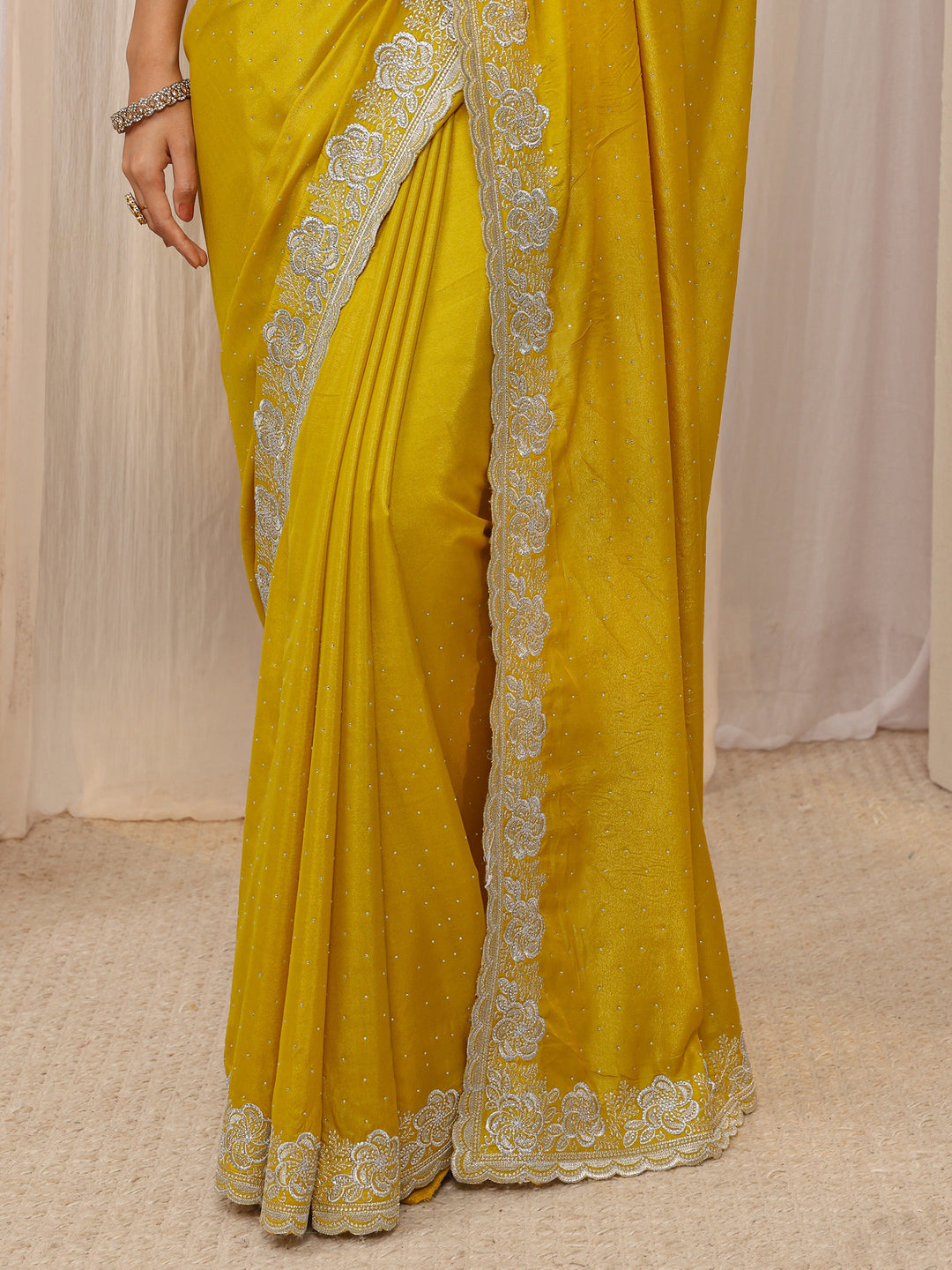Mustard Embellished Satin Saree With Unstitched Blouse Piece