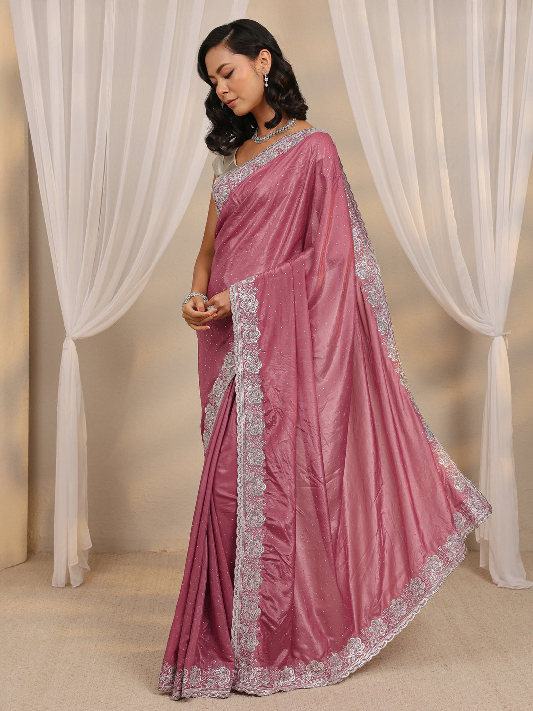 Mauve Embellished Satin Saree With Unstitched Blouse Piece