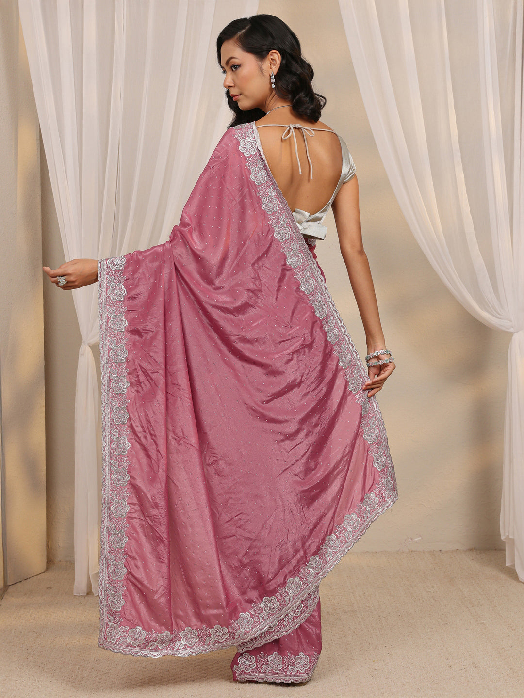 Mauve Embellished Satin Saree With Unstitched Blouse Piece