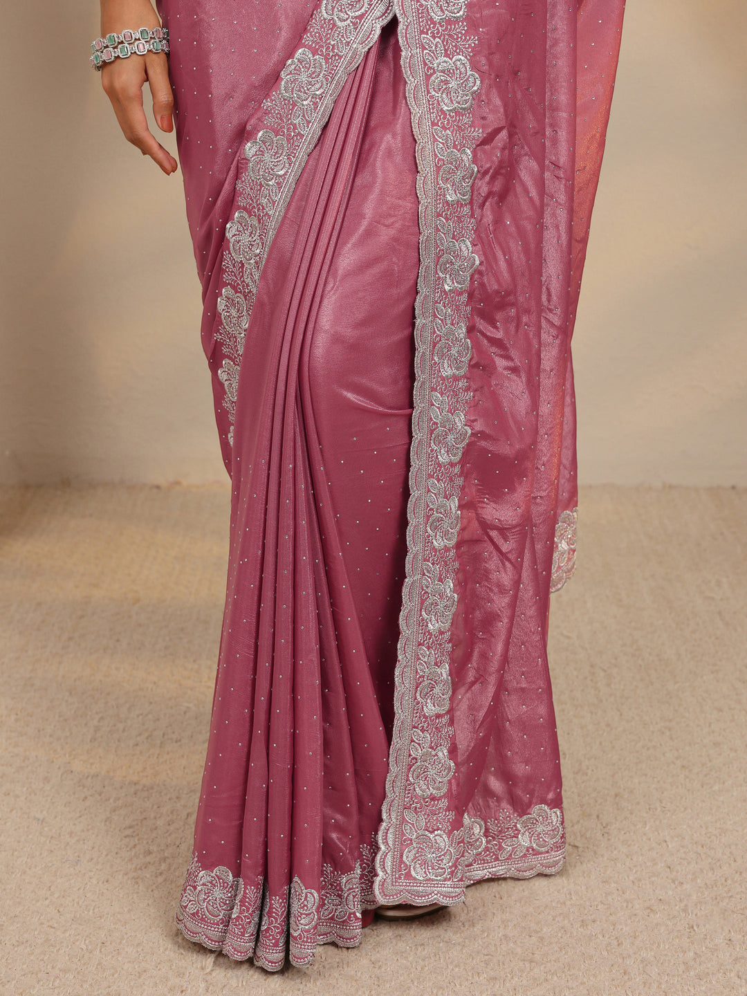 Mauve Embellished Satin Saree With Unstitched Blouse Piece