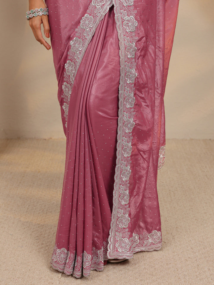 Mauve Embellished Satin Saree With Unstitched Blouse Piece