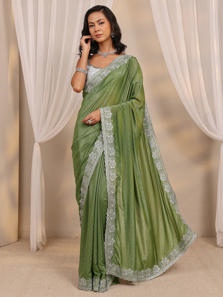 Green Embellished Satin Saree With Unstitched Blouse Piece
