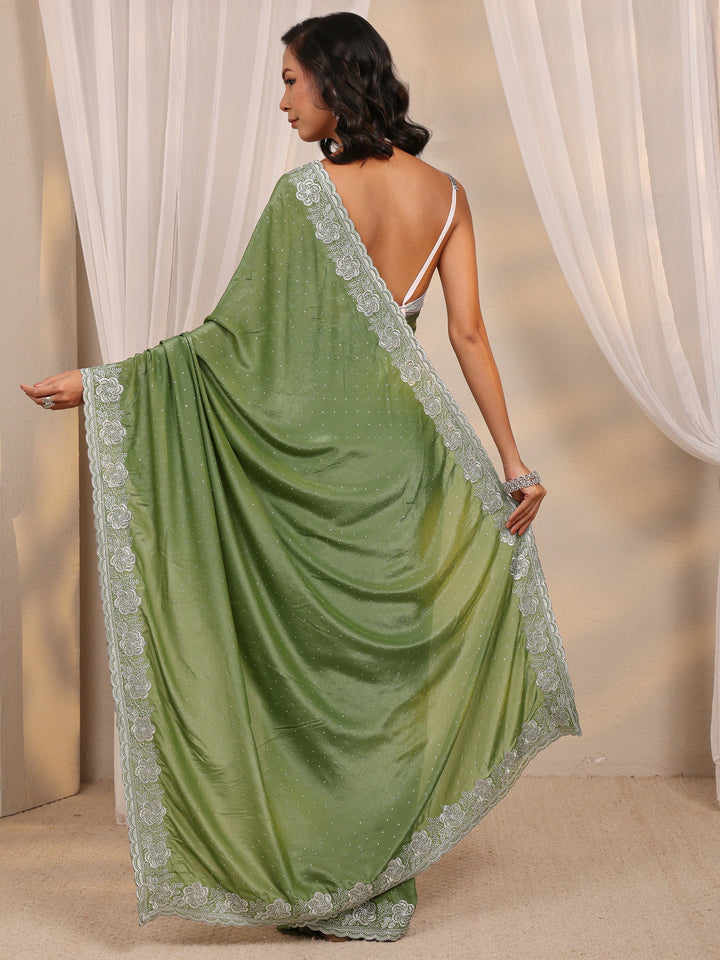 Green Embellished Satin Saree With Unstitched Blouse Piece