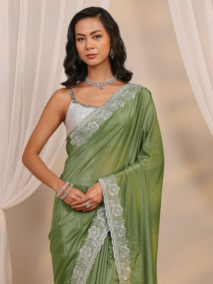 Green Embellished Satin Saree With Unstitched Blouse Piece