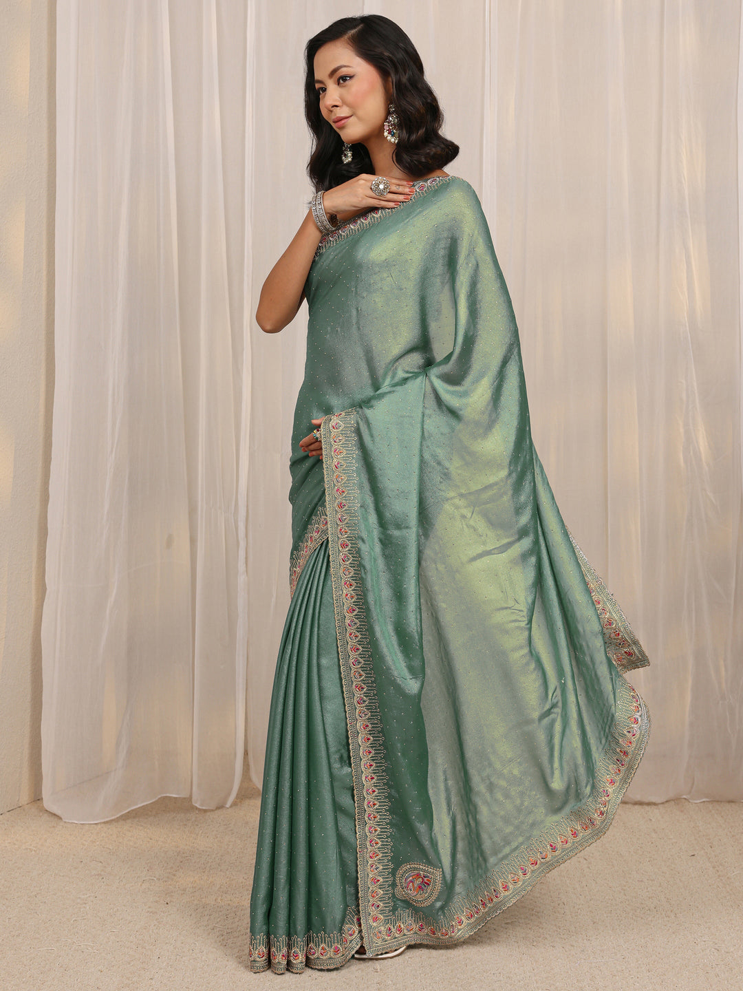 Blue Embellished Satin Saree With Unstitched Blouse Piece