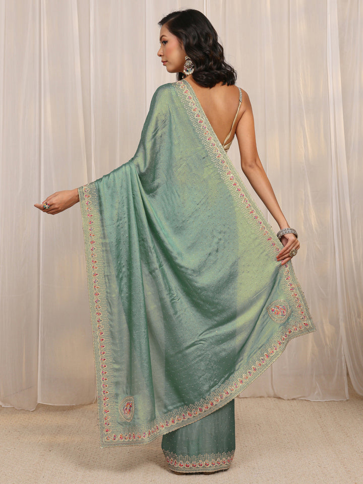 Blue Embellished Satin Saree With Unstitched Blouse Piece