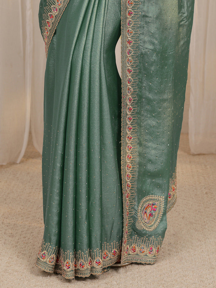 Blue Embellished Satin Saree With Unstitched Blouse Piece