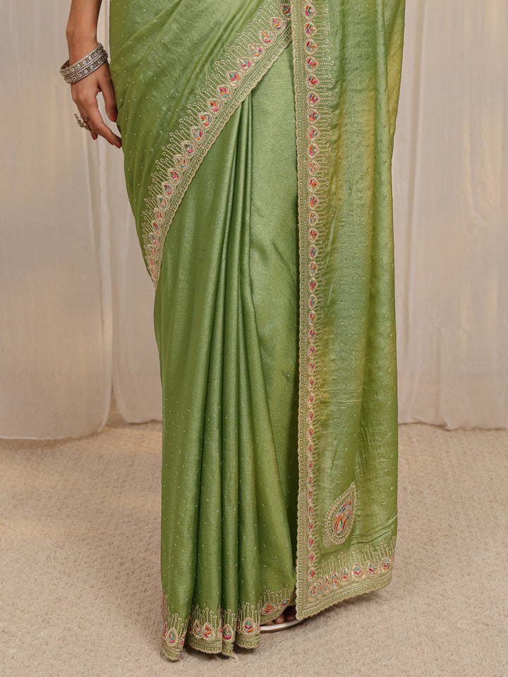 Green Embellished Satin Saree With Unstitched Blouse Piece