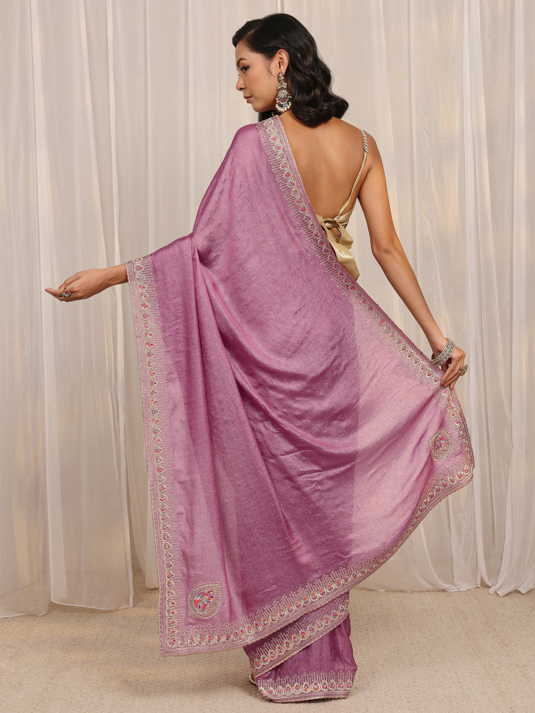 Purple Embellished Satin Saree With Unstitched Blouse Piece