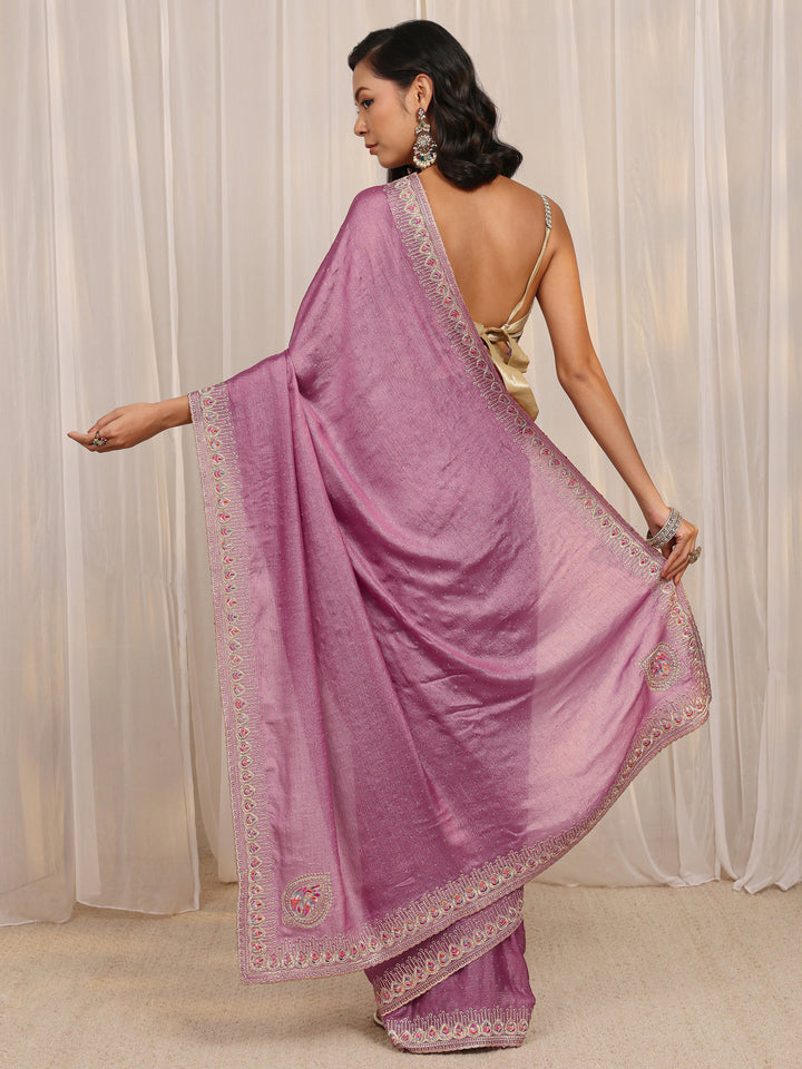 Purple Embellished Satin Saree With Unstitched Blouse Piece