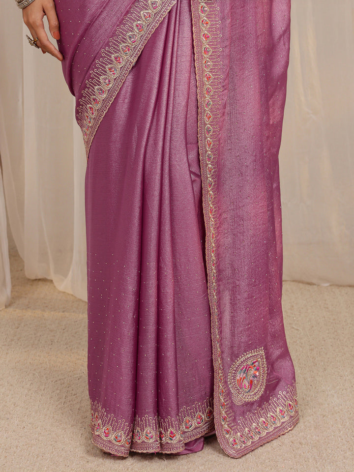 Purple Embellished Satin Saree With Unstitched Blouse Piece