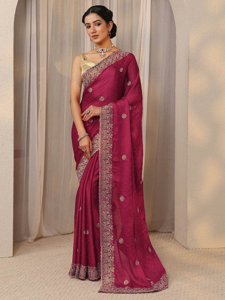 Pink Floral Embellished Silk Blend Saree With Unstitched Blouse Piece