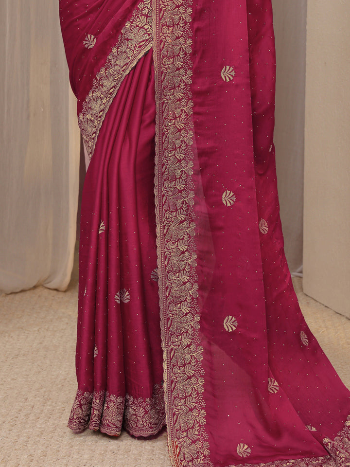 Pink Floral Embellished Silk Blend Saree With Unstitched Blouse Piece