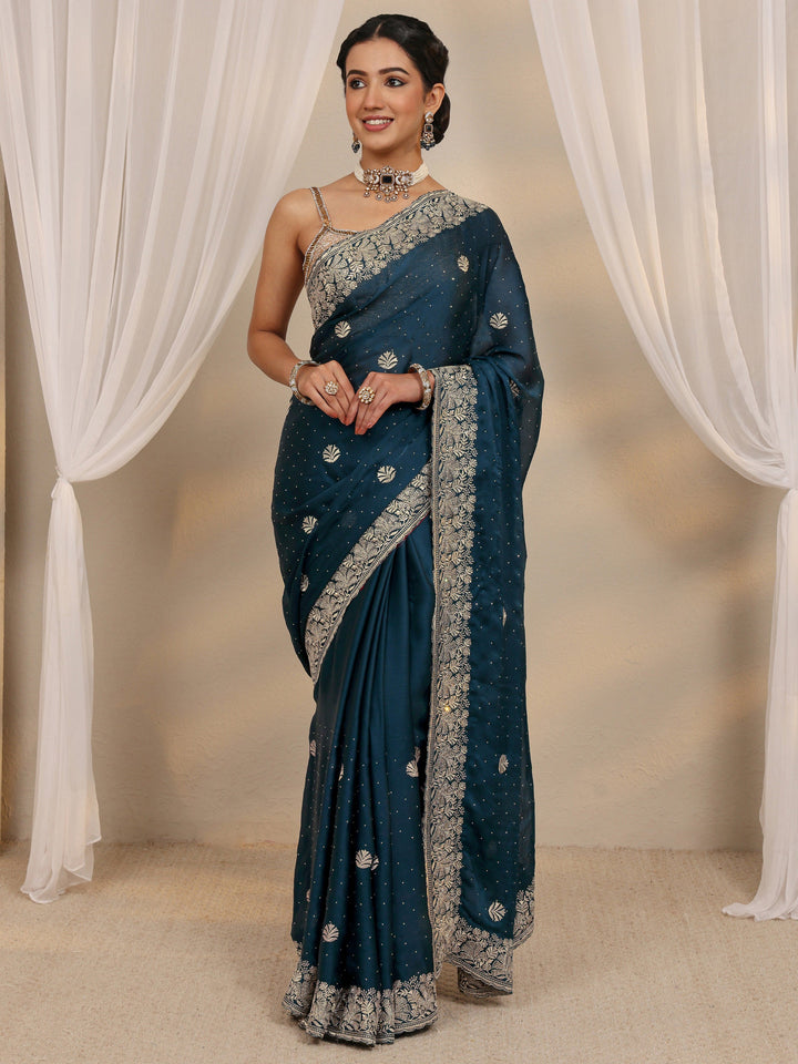 Teal Floral Embellished Silk Blend Saree With Unstitched Blouse Piece