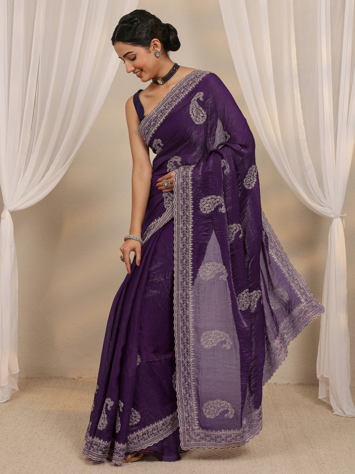 Purple Paisley Embellished Tissue Saree With Unstitched Blouse Piece