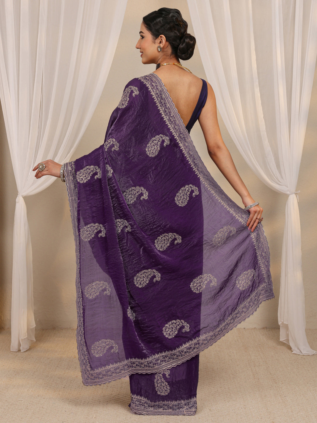 Purple Paisley Embellished Tissue Saree With Unstitched Blouse Piece