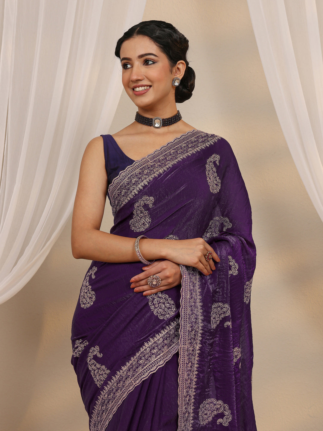 Purple Paisley Embellished Tissue Saree With Unstitched Blouse Piece