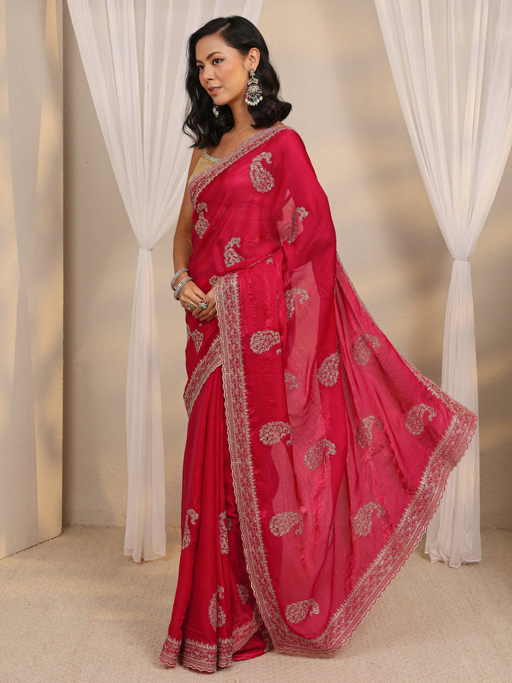 Red Paisley Embellished Tissue Saree With Unstitched Blouse Piece