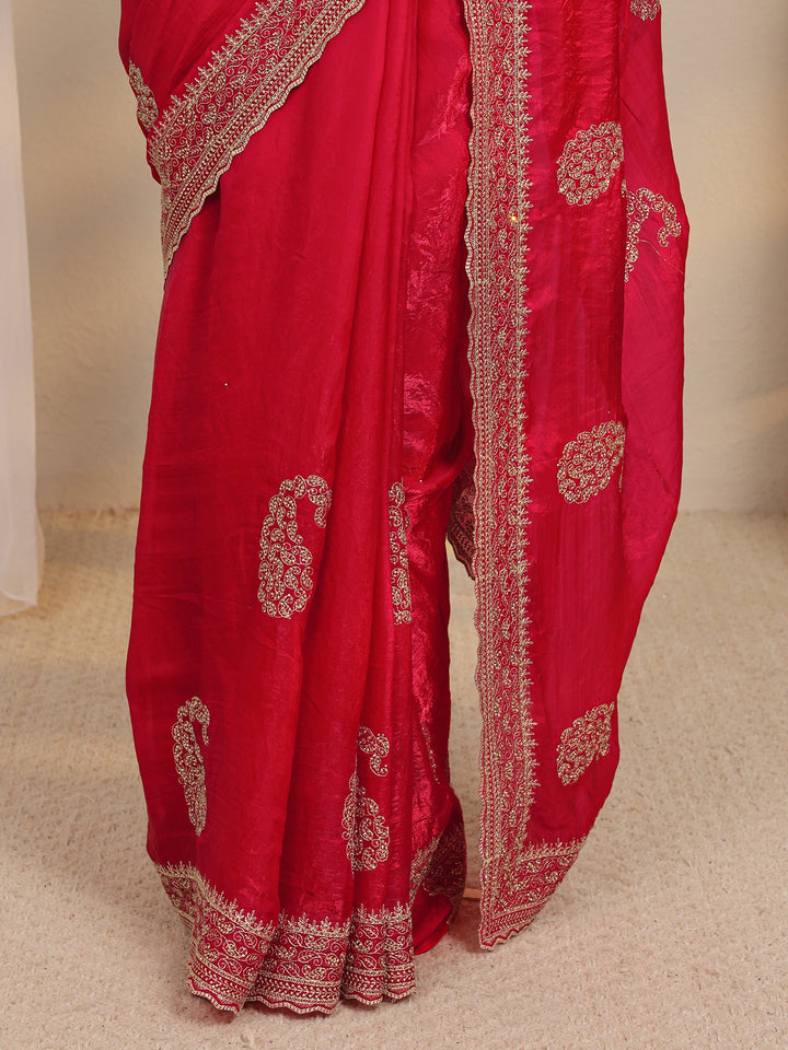 Red Paisley Embellished Tissue Saree With Unstitched Blouse Piece