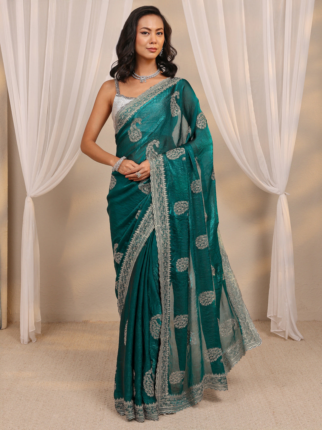 Green Paisley Embellished Tissue Saree With Unstitched Blouse Piece