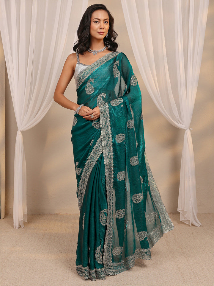 Green Paisley Embellished Tissue Saree With Unstitched Blouse Piece
