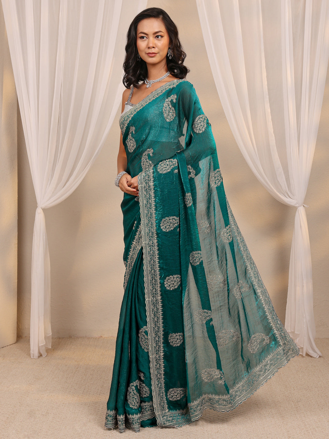 Green Paisley Embellished Tissue Saree With Unstitched Blouse Piece