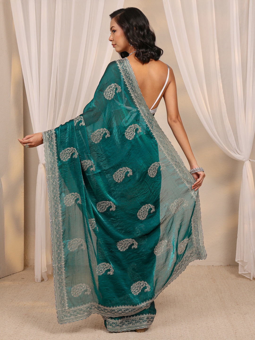 Green Paisley Embellished Tissue Saree With Unstitched Blouse Piece