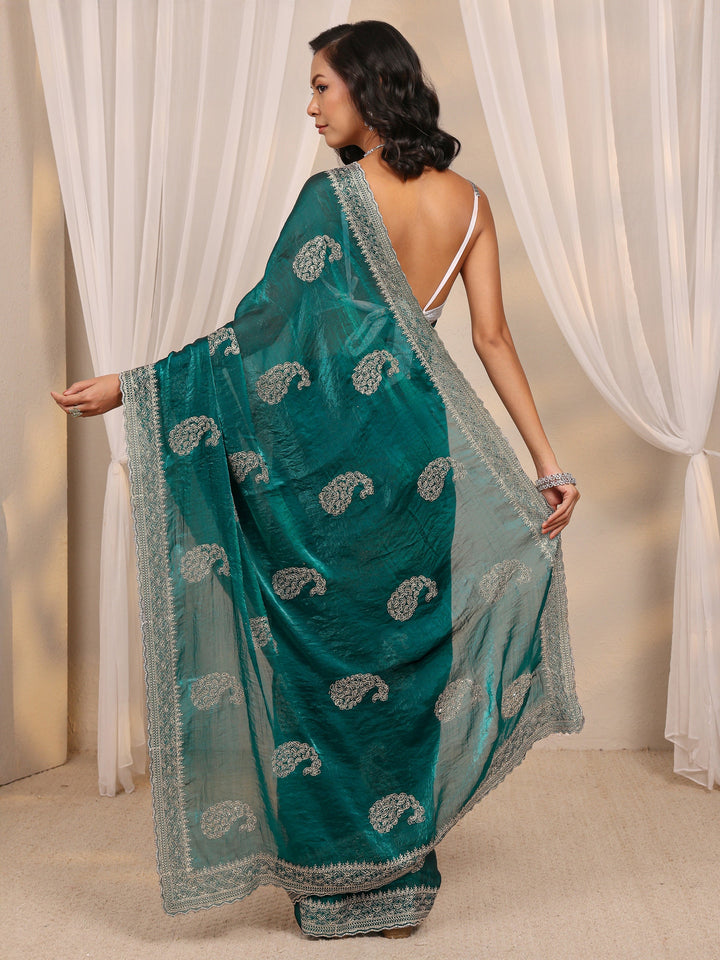 Green Paisley Embellished Tissue Saree With Unstitched Blouse Piece