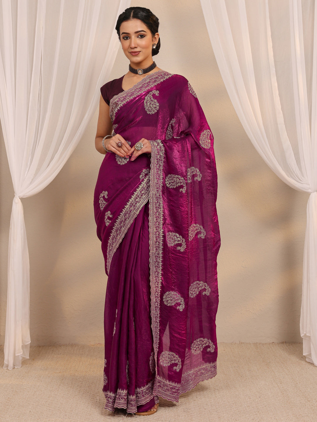 Wine Paisley Embellished Tissue Saree With Unstitched Blouse Piece