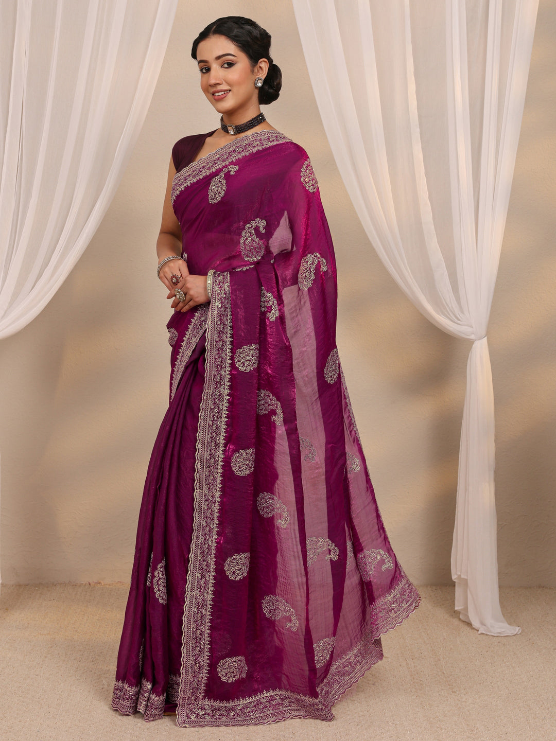 Wine Paisley Embellished Tissue Saree With Unstitched Blouse Piece