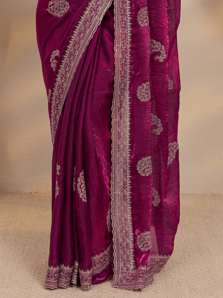Wine Paisley Embellished Tissue Saree With Unstitched Blouse Piece