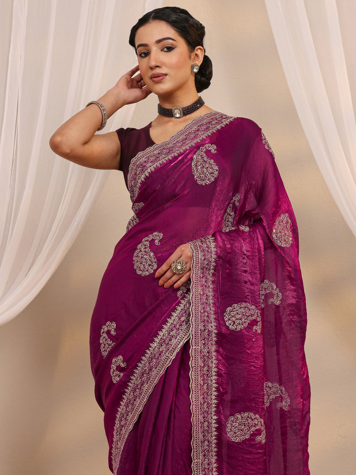 Wine Paisley Embellished Tissue Saree With Unstitched Blouse Piece